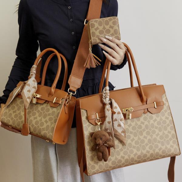 3IN1 OVAL PRINT DESIGN HANDLE SATCHEL W MATCHING BAG AND WALLET SET