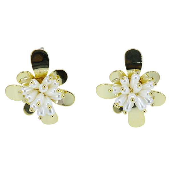 METAL FLOWER PEARL BEAD EARRING