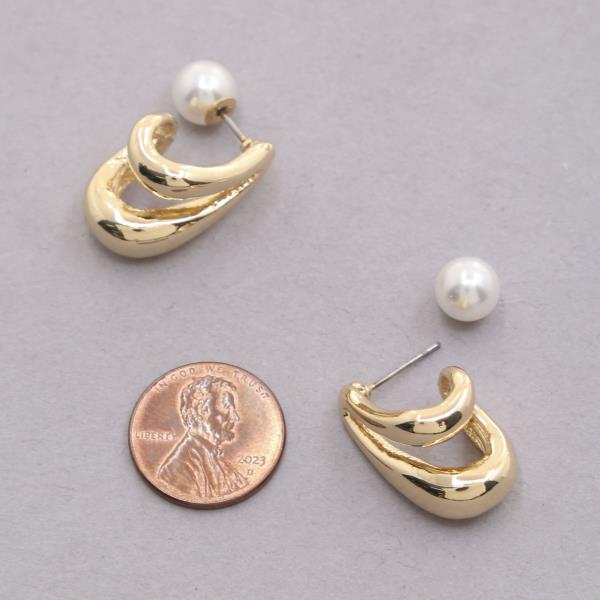 DOUBLE OVAL METAL PEARL BEAD EARRING