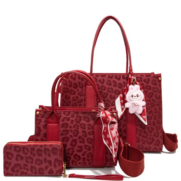3IN1 LEOPARD TEXTURE SATCHEL W MATCHING BAG AND WALLET SET