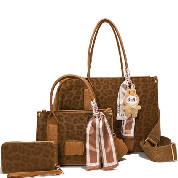 3IN1 LEOPARD TEXTURE SATCHEL W MATCHING BAG AND WALLET SET