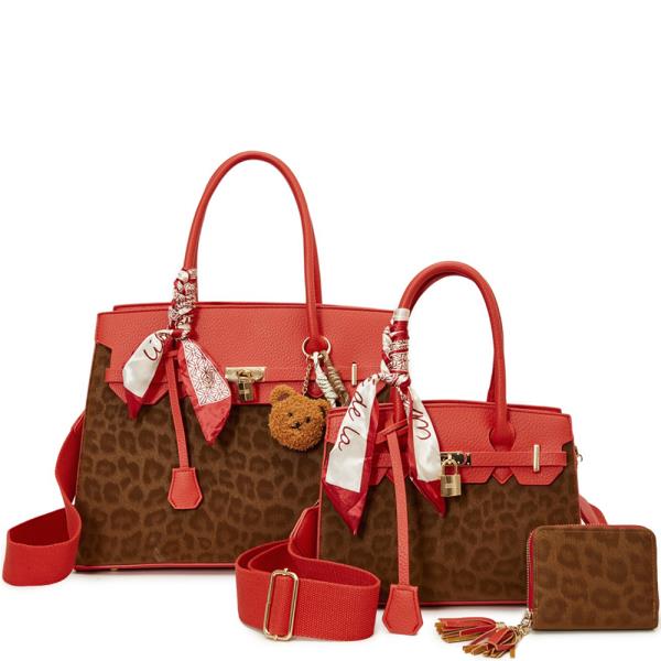 3IN1 LEOPARD TEXTURE SATCHEL W MATCHING BAG AND WALLET SET