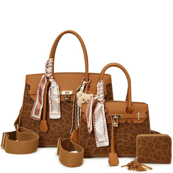 3IN1 LEOPARD TEXTURE SATCHEL W MATCHING BAG AND WALLET SET