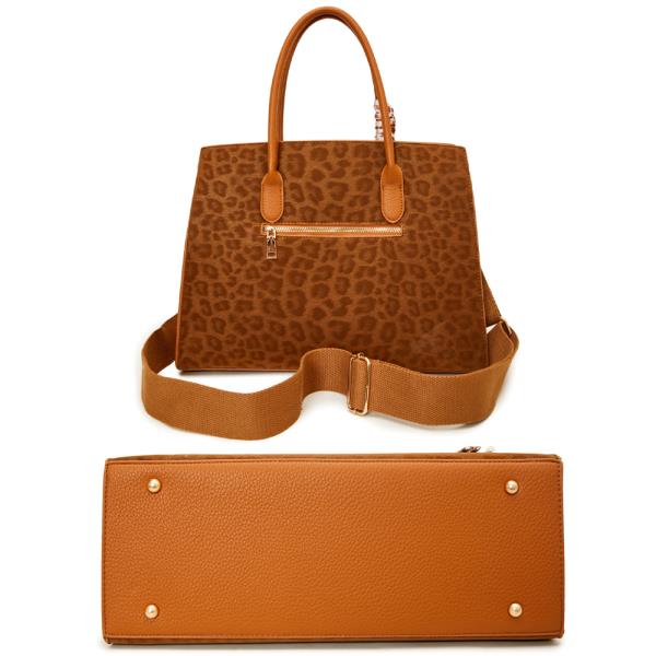 3IN1 LEOPARD TEXTURE SATCHEL W MATCHING BAG AND WALLET SET