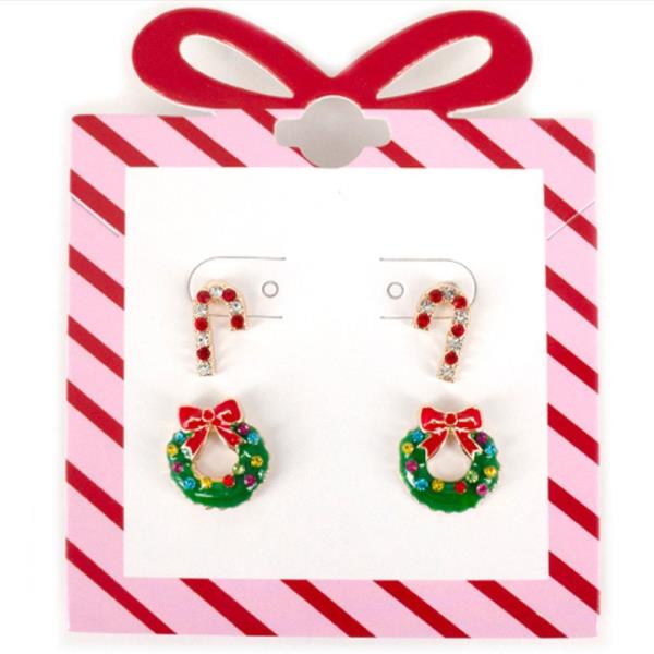 WREATH & CANDY CANE POST EARRING SET