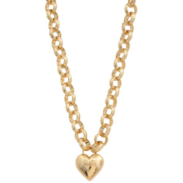 PUFFY HEART PENDANT CIRCLE LINK METAL NECKLACE
