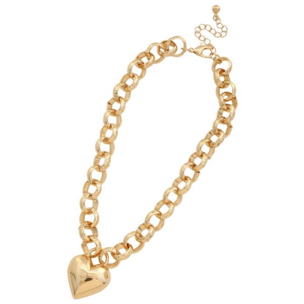 PUFFY HEART PENDANT CIRCLE LINK METAL NECKLACE