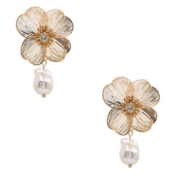 FLOWER PEARL BEAD LINK DANGLE EARRING