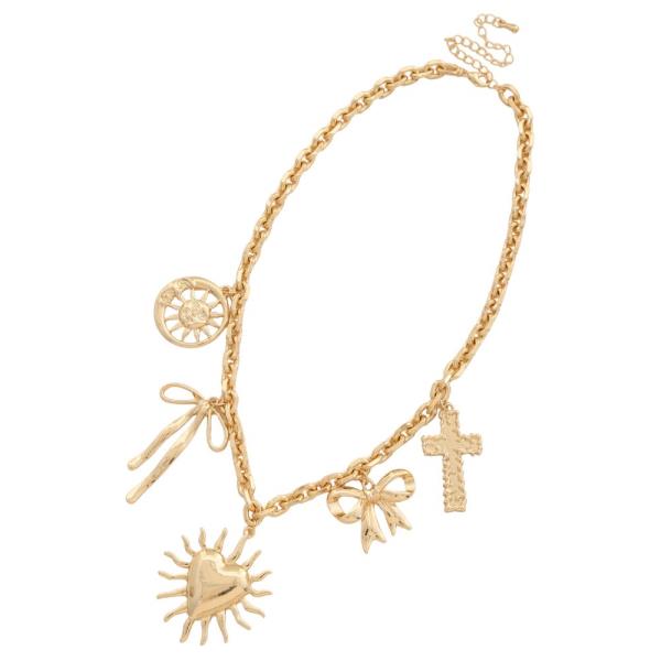 HEART BOW CROSS CHARM METAL NECKLACE