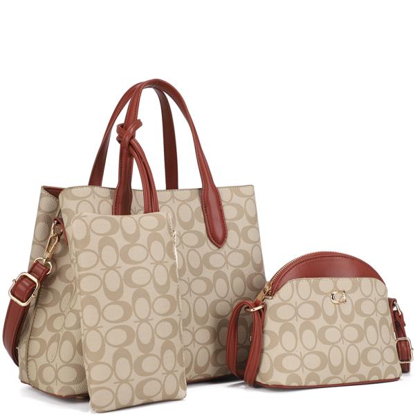 3IN1 OVAL PRINT SATCHEL W CROSSBODY AND CLUTCH SET