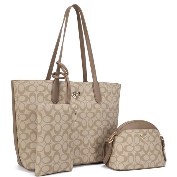 3IN1 OVAL PRINT TOTE W CROSSBODY AND CLUTCH SET