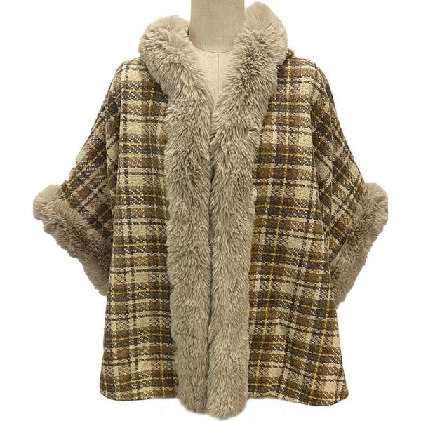 PLAID PATTERN PONCHO WITH FAUX FUR
