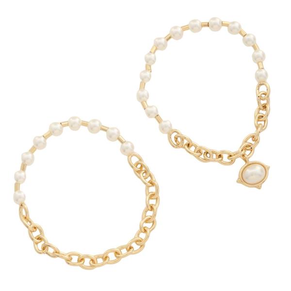 PEARL BEAD OVAL CHARM BRACELET SET