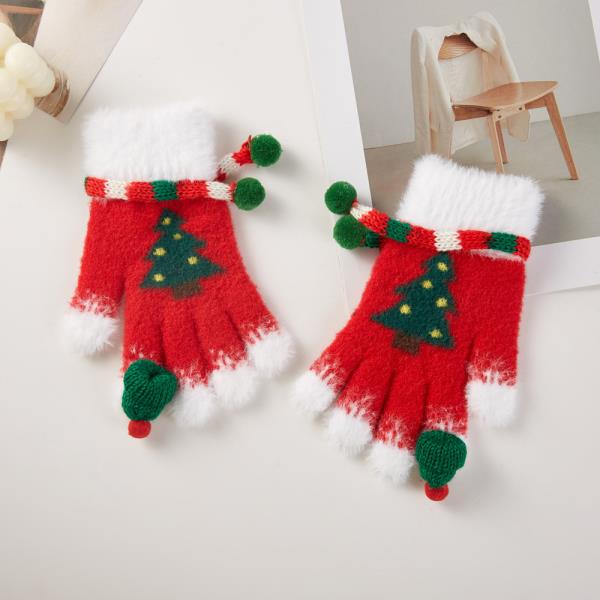CHRISTMAS TREE POM POM HALF FINGER KNIT GLOVES