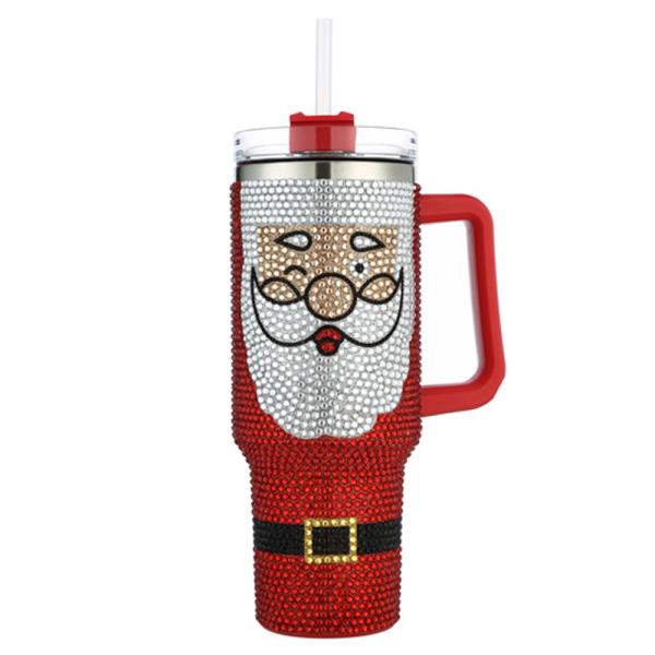 HOLIDAY RHINESTONE SANTA HANDLE TUMBLER CUP WITH STRAW