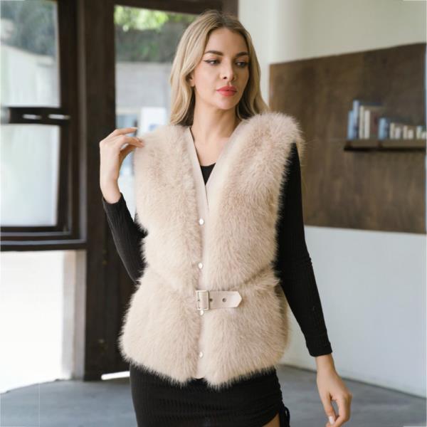 FAUX FUR SLEEVELESS BUTTON VEST WITH BELT