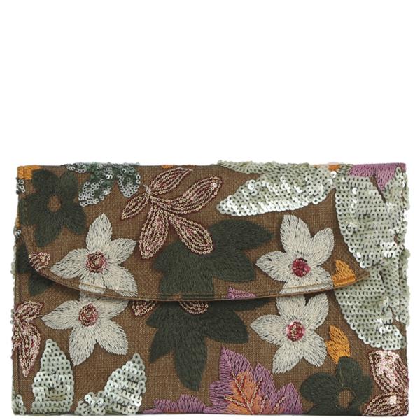 FLORAL LEAF EMBROIDERED SEQUIN DESIGN CLUTCH
