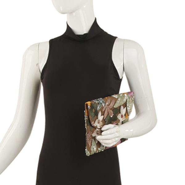 FLORAL LEAF EMBROIDERED SEQUIN DESIGN CLUTCH
