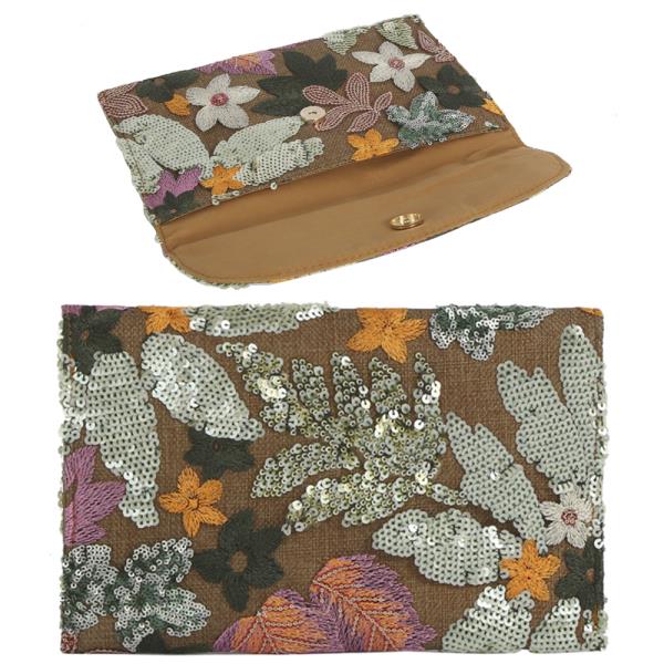 FLORAL LEAF EMBROIDERED SEQUIN DESIGN CLUTCH