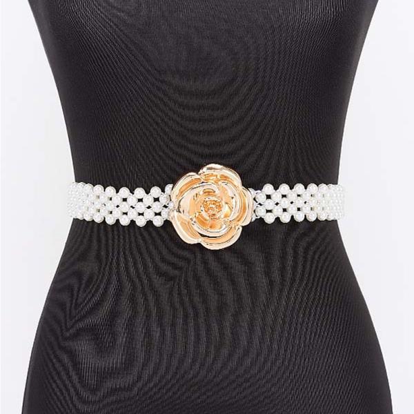 FAUX PEARL METAL FLOWER BUCKLE STRETCH BELT