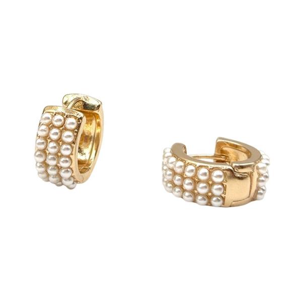 TEXTURED METAL FAUX PEARL HUGGIE HOOP EARRING