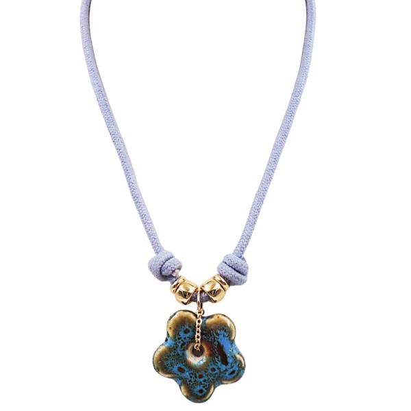 CERAMIC FLOWER PENDANT ROPE NECKLACE