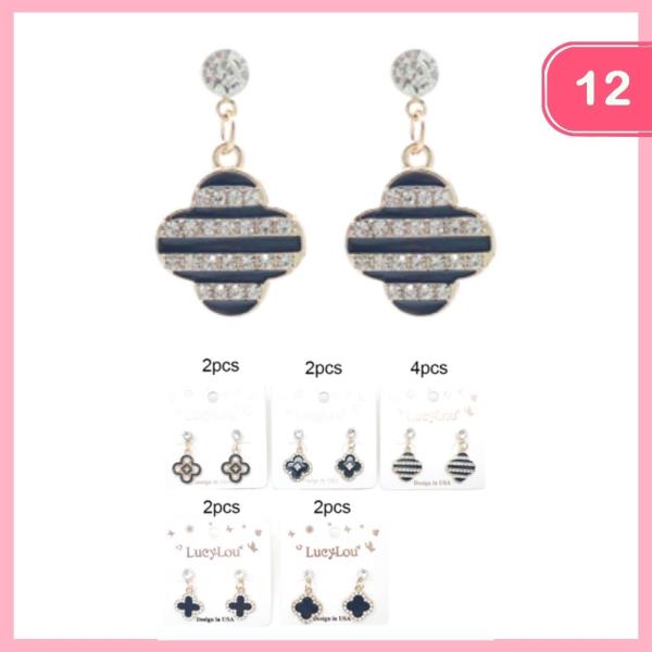 STRIPPED RHINESTONE FLOWER EARRINGS (12 UNITS)