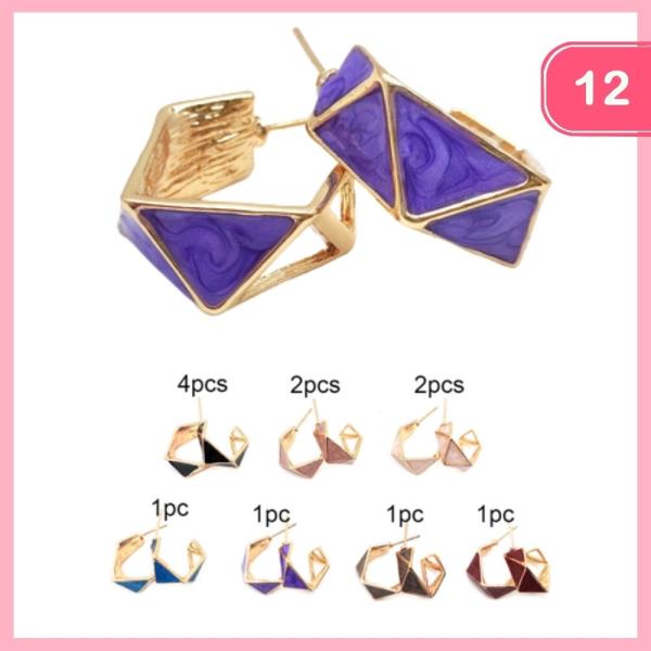 TEXTURED METAL TRIANGLE ENAMEL HOOP EARRING (12 UNITS)