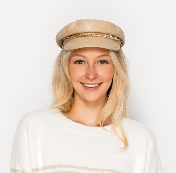 QUILTED FAUX LEATHER CHAIN DETAIL CABBIE NEWSBOY BERET HAT