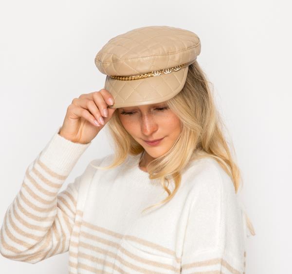 QUILTED FAUX LEATHER CHAIN DETAIL CABBIE NEWSBOY BERET HAT