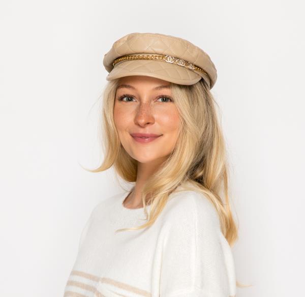 QUILTED FAUX LEATHER CHAIN DETAIL CABBIE NEWSBOY BERET HAT