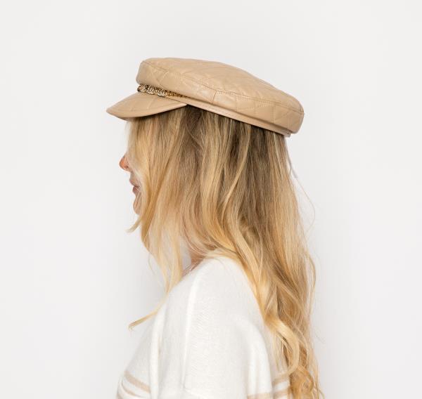 QUILTED FAUX LEATHER CHAIN DETAIL CABBIE NEWSBOY BERET HAT