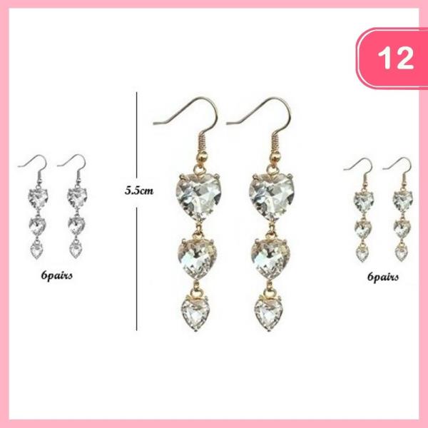 FISHHOOK RHINESTONE HEART DANGLE EARRINGS (12 UNITS)