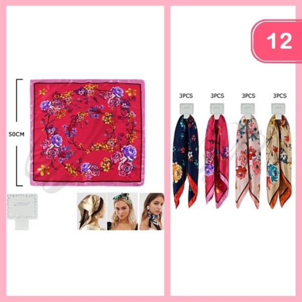 SATIN FLOWER PATTERN SQUARE MULTI USE HAIR BANDANA (12 UNITS)