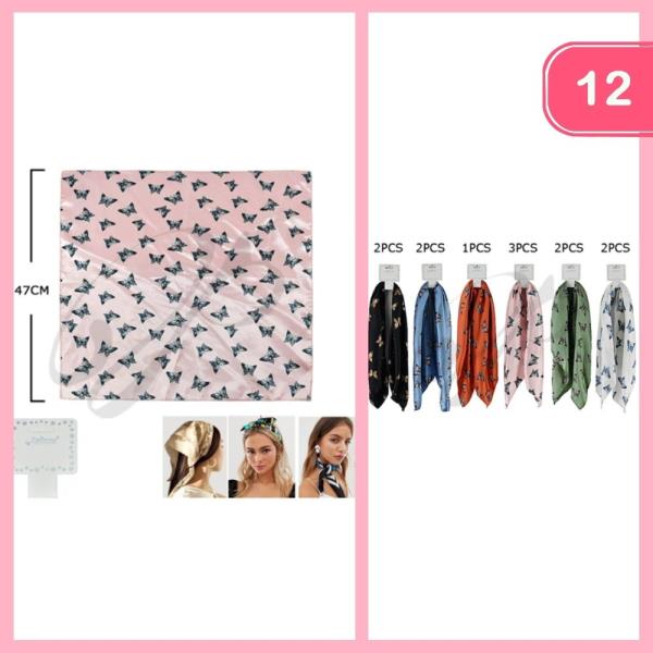 BUTTERFLY SATIN SQUARE MULTI USE HAIR SCARF BANDANA (12 UNITS)