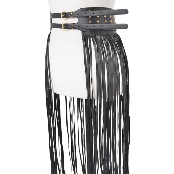 FAUX LEATHER METAL STUDDED FRINGE BELT