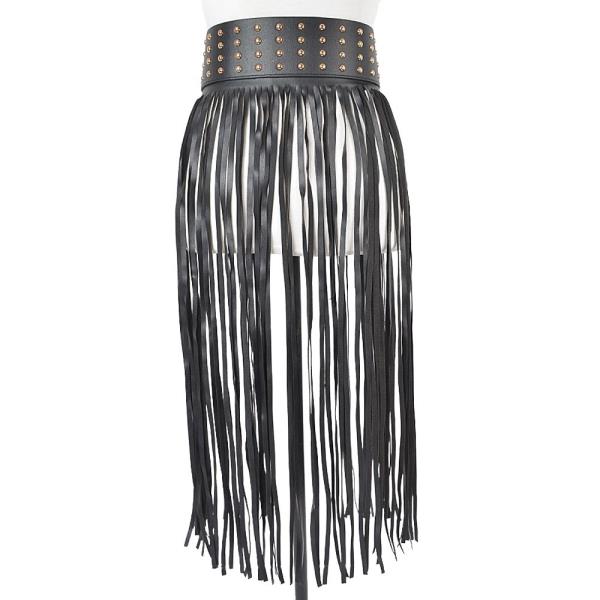 FAUX LEATHER METAL STUDDED FRINGE BELT