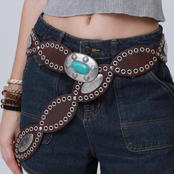 VINTAGE BOHEMIAN WESTERN BELT WITH INLAID TURQUOISE BUCKLE