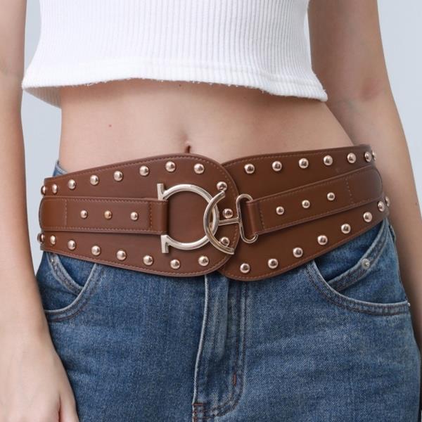 VINTAGE BOHEMIAN WIDE LEATHER BELT WITH STUDS ETHNIC STYLE WAIST CINCHER FOR DRESSES AND SKIRTS