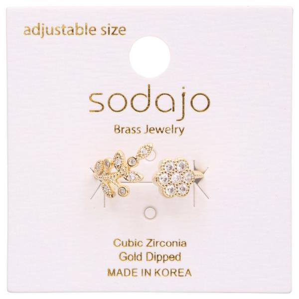 SODAJO FLOWER LEAF CZ GOLD DIPPED ADJUSTABLE RING