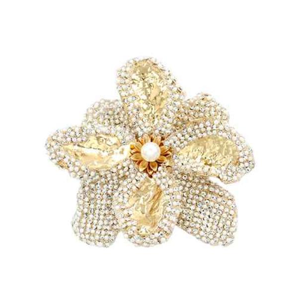 RHINESTONE PEARL BEAD FLOWER BROOCH
