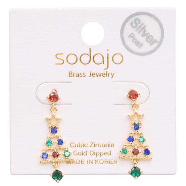 SODAJO CZ CHRISTMAS TREE DANGLE GOLD DIPPED EARRING