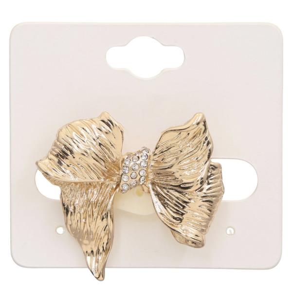 METAL RIBBON BOW RHINESTONE BROOCH