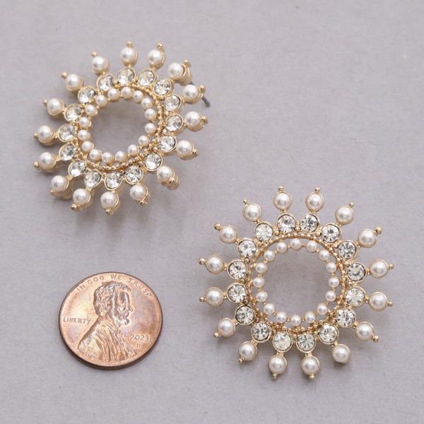 SUN SHAPE RHINESTONE PEARL EARRING