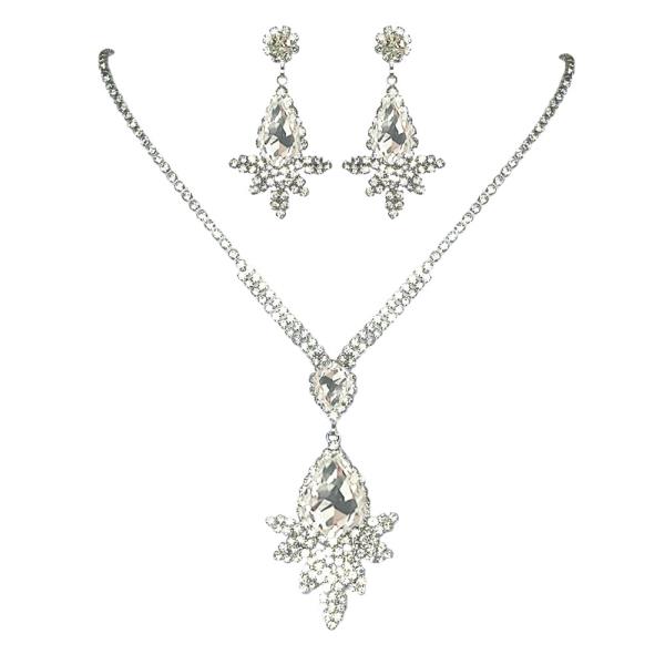 RHINESTONE TEARDROP LEAF 2 PC NECKLACE