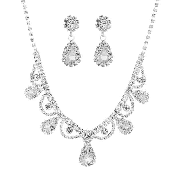 RHINESTONE TEARDROP FLOWER 2PC SET NECKLACE