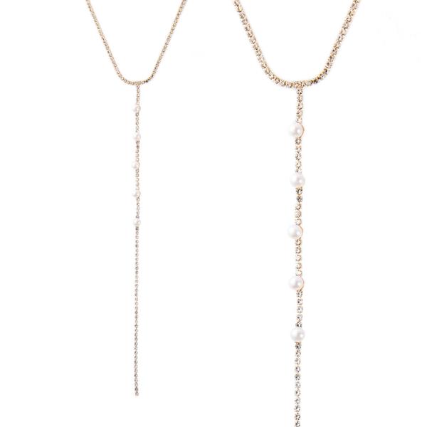 RHINESTONE PEARL LARIAT NECKLACE