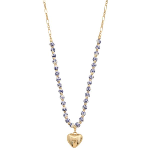 PUFFY HEART PENDANT CERAMIC BEAD NECKLACE