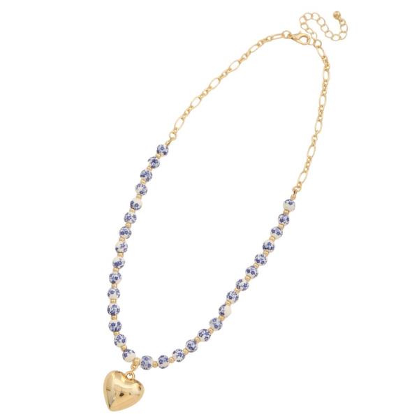 PUFFY HEART PENDANT CERAMIC BEAD NECKLACE