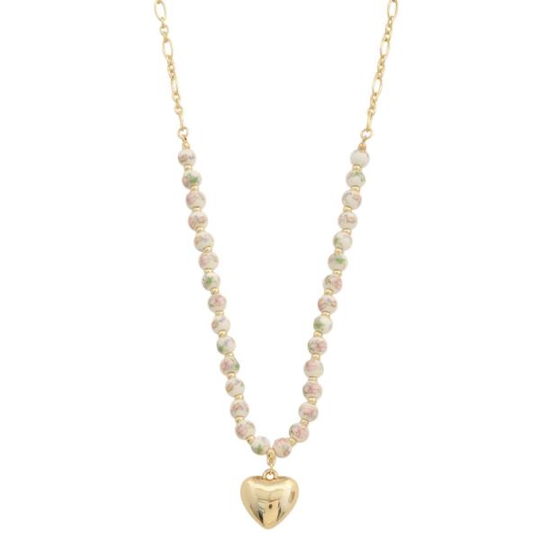 PUFFY HEART PENDANT CERAMIC BEAD NECKLACE